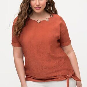 Ulla Popken ring detail tie hem blouse top shirt terracotta orange 16W 18W 1X